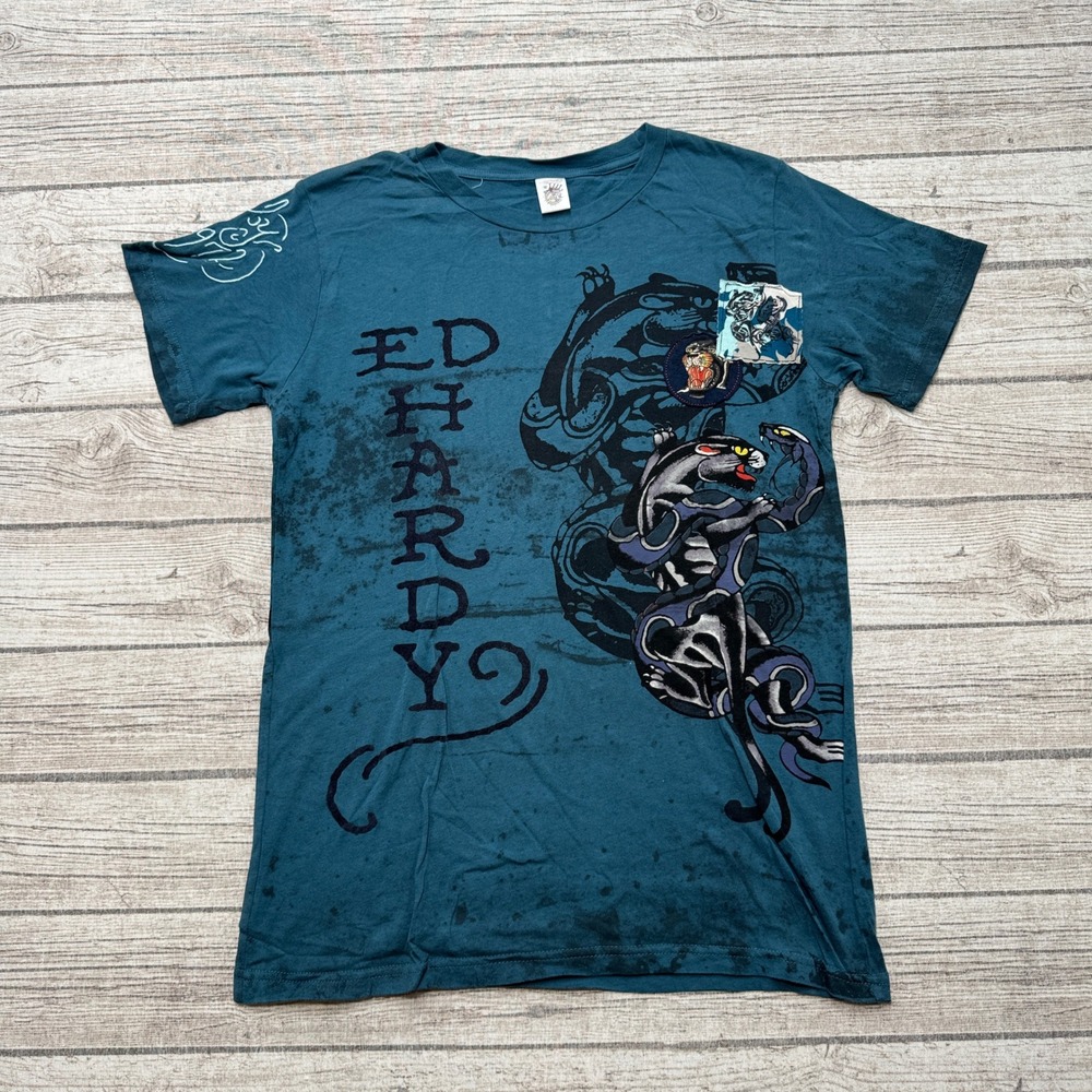 Ed Hardy T-Shirt Kids XL Teal Panther Graphic Short Sleeve Skater Streetwear Y2K